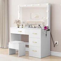 Makeup Vanity with Lighted Mirror, Vanity Desk with Power Strip, Adjustable Lighting, 4 Drawers, and Cushioned Stool for Bedroom