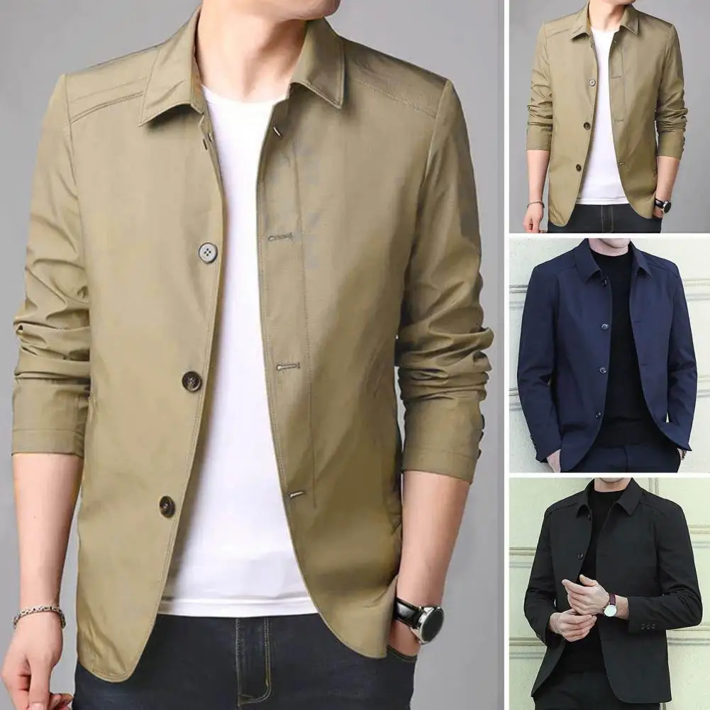 Warme Herrenjacke, elegante mittellange Business-Jacke für Herren mit Umlegekragen, einreihiges Design für Herbst und Frühling