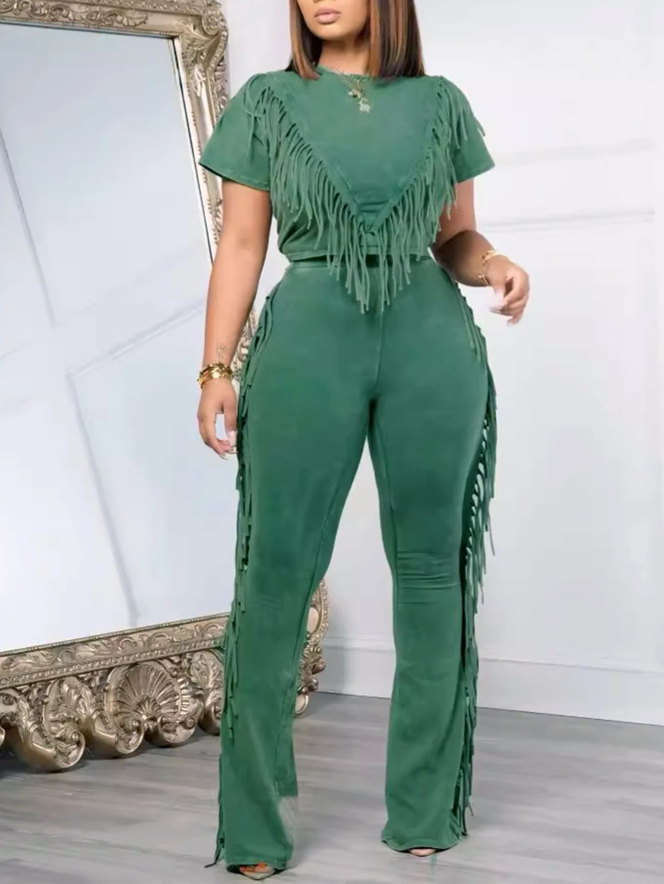 Conjunto de Dos Piezas Estilo Vaquero Y2K con Flecos, Top Corto y Pantalones Acampanados con Flecos, Atuendo Casual Urbano para Mujer