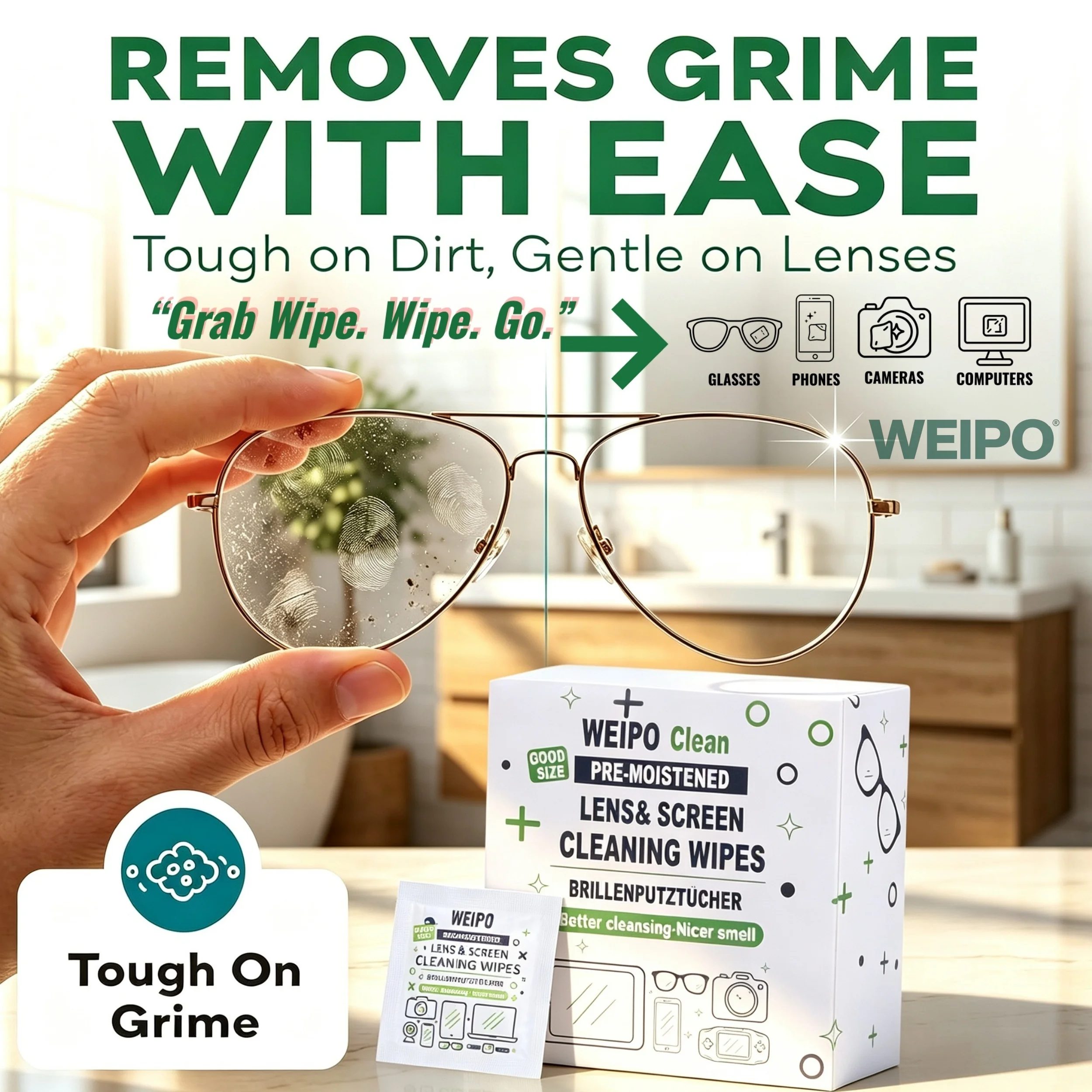 WEIPO Lens& Screen Cleaning Wipes, 120 Count Pre-Moistened Streak-Free Glasses Cleaner Wipes, Individually Wrapped Disposable Wipes for Eyeglasses, Sunglasses, Phone Screen, Camera& Tablet Lenses, Portable for Home& Office Use