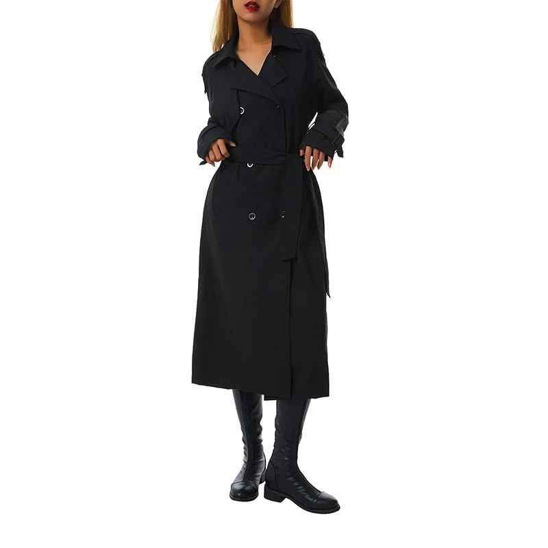 Women's Aesthetic Double Breasted Long Trench Coat, Classic Lapel Long Sleeve Windproof Overcoat with Belt