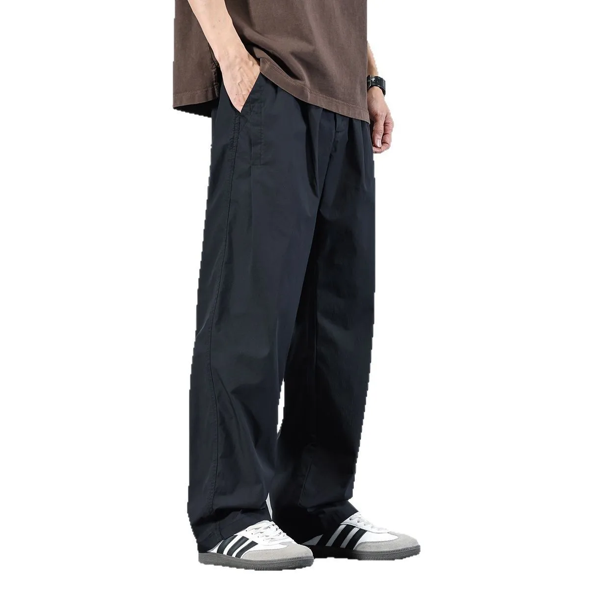 Rechte casual herenbroek lente en herfst eenvoudige effen kleur losse broek elastische veelzijdige broek met wijde pijpen trendy