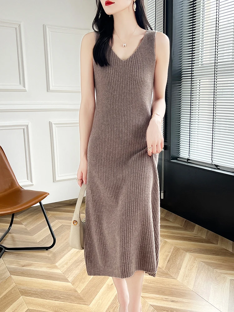 

New Chic Women's Wool Long Dress Cashmere V-Neck Pullover Sweater Spring Autumn 100% Merino Wool Knitwear Slim Sleeveless Dress