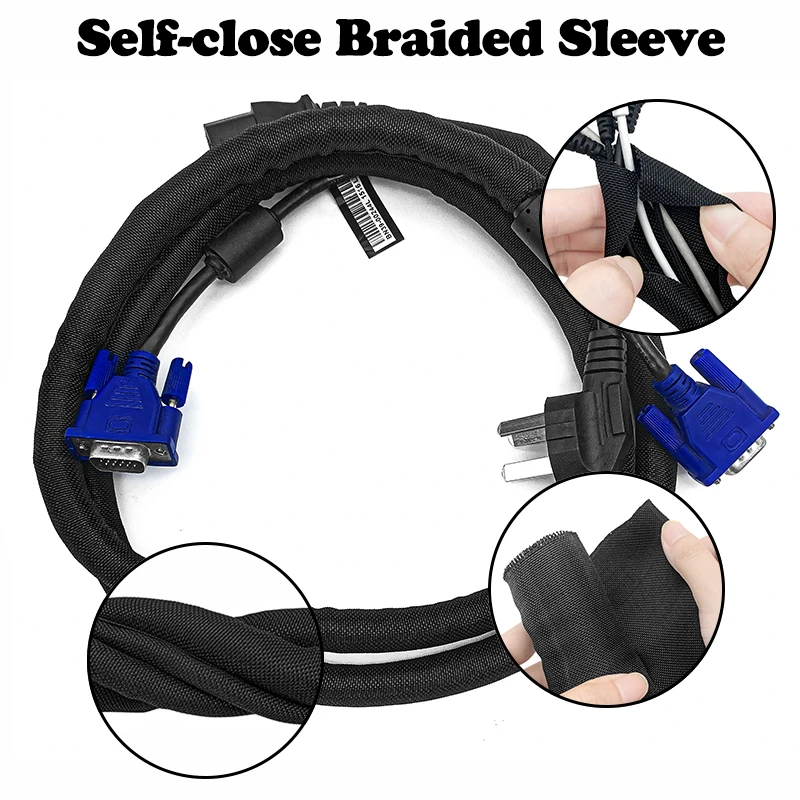 5/10M PET Insulated Cable Sleever Black Braided Tube Flexible Webbing Automatic Wire Management Organizer 3/5/8/10/20/25/32/50mm