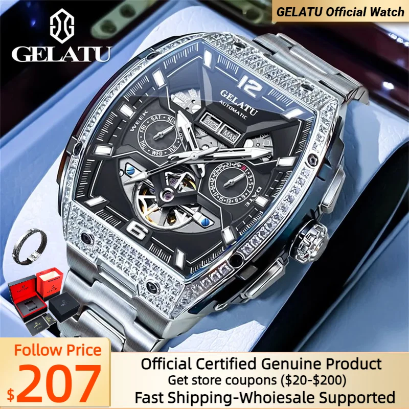 

GELATU 6016 Big Dial Mechanical Watch for Man Skeleton Waterproof Diamond Bezel Wristwatch Multi-function Automatic Hand Clock