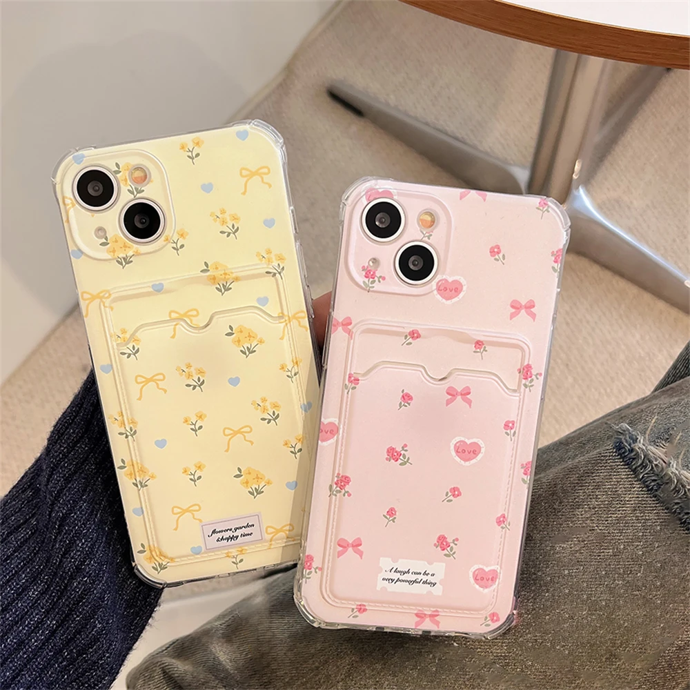 Clmj Korean Cute Love Heart Flower Card Hold Phone Case For Xiaomi 13 12 12T 11 Lite Poco M5 M4 X5 X4 X3 Pro NFC 4G 5G Anti-fall