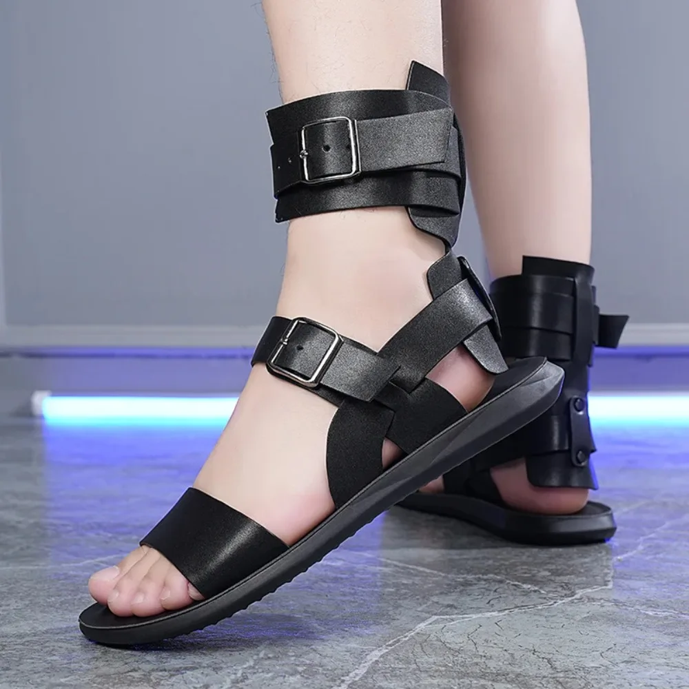 

Summer Men's Sandals Fashion Leather Flats Beach Shoes Moccasins Toes Cross-Tied Ankle Buckle Strap Male Open Toe Casual Shoes