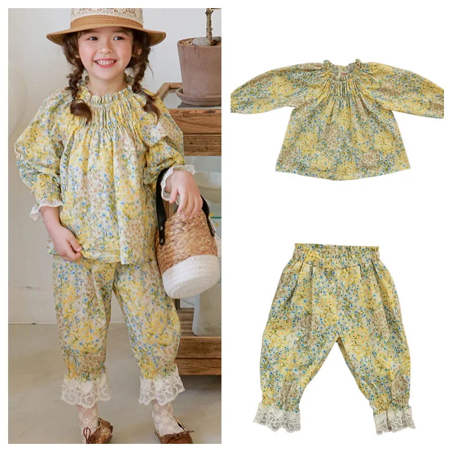 

Kids Girls Clothes 2024 Autumn New Toddler Baby Girl Lace Flower Shirt and Pants Princess Outfit Set Children's Clothing