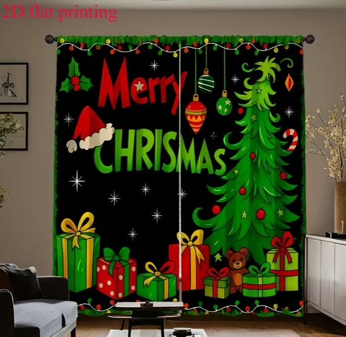 2D Flat Curtains with A Christmas Theme, Showcasing Green Trees, Red Stars Along with The Main Message 'Merry Christmas Curtains
