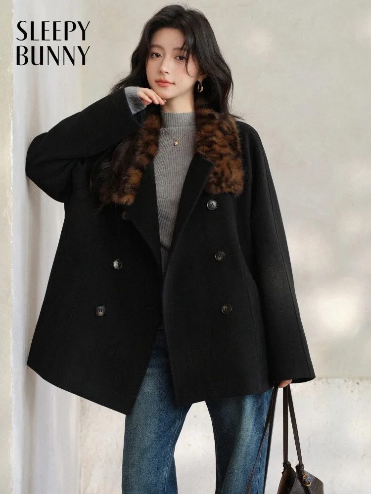 Damski płaszcz dwurzędowy imitujący wełnę, krótki płaszcz zimowy w stylu vintage, elegancka kurtka, klasyczny czarny styl, do noszenia na co dzień i do pracy.