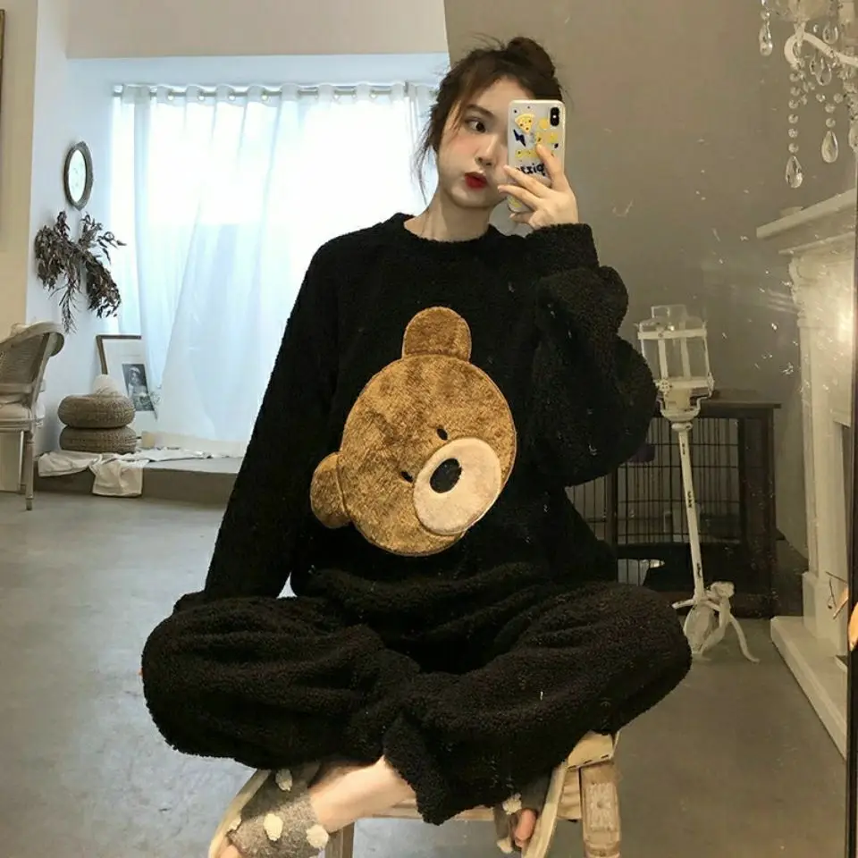 Women's Winter Thickened Velvet Set Coral Velvet Ins Little Bear Cute Home Clothes