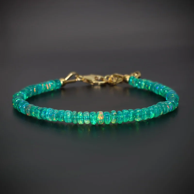 AAA Fire Beaded Bracelet in Sterling Silver with Natural Green Opal