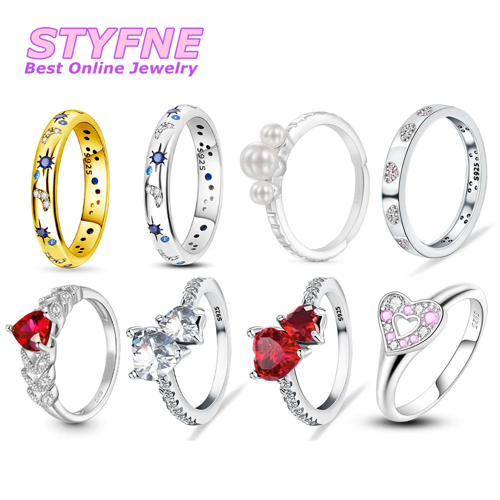 Women 925 Sterling Silver Universe Dewdrop Heart-Shaped Rings Jewelry Anniversary Birthday Fashion Gifts for Mother Wife Girls