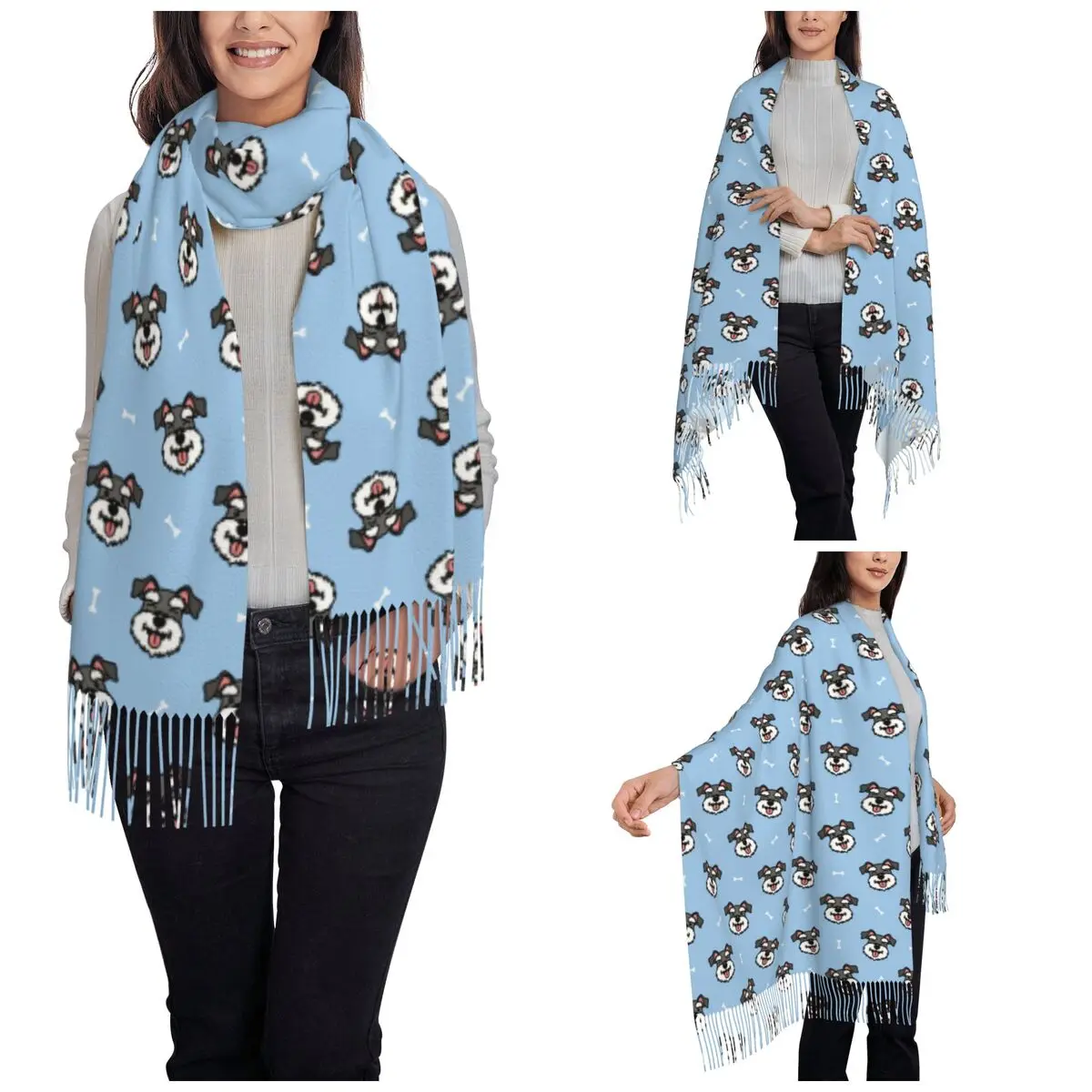 Bufanda de perro Schnauzer para mujer, chales largos y grandes con borla ligera, regalo para amantes de los perros, invierno y otoño