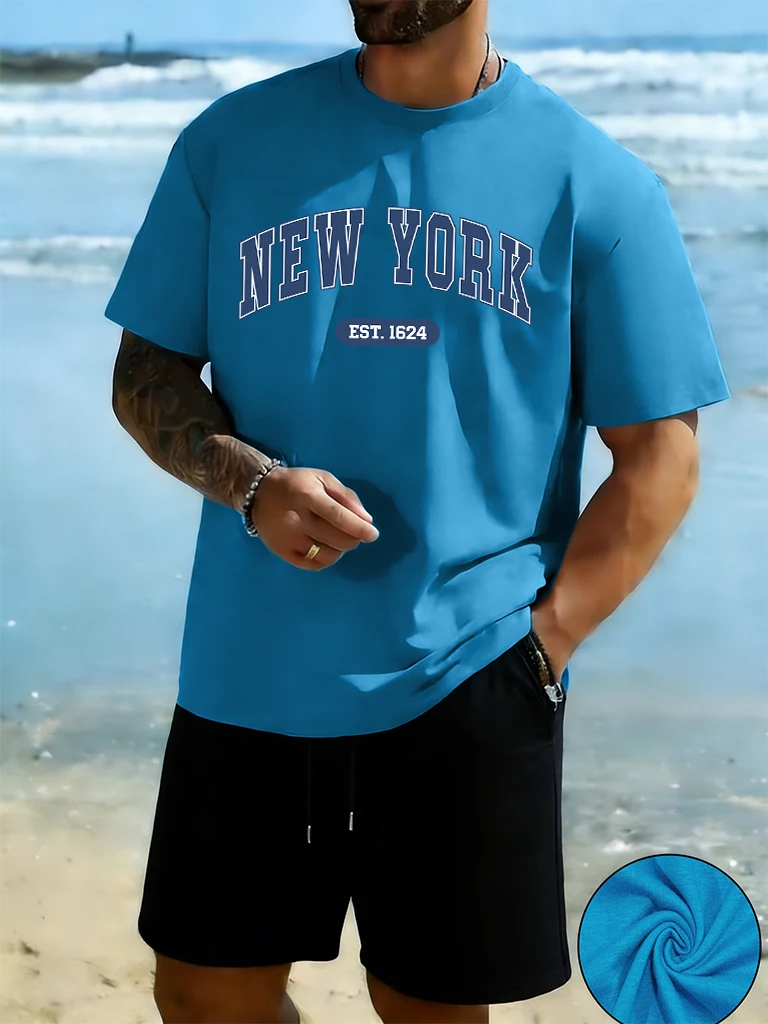 

New York Creative Letter Design Fashion Beach Running T Shirts Man'S Set Cotton Soft Clothing Drawstring Summer Short Pants