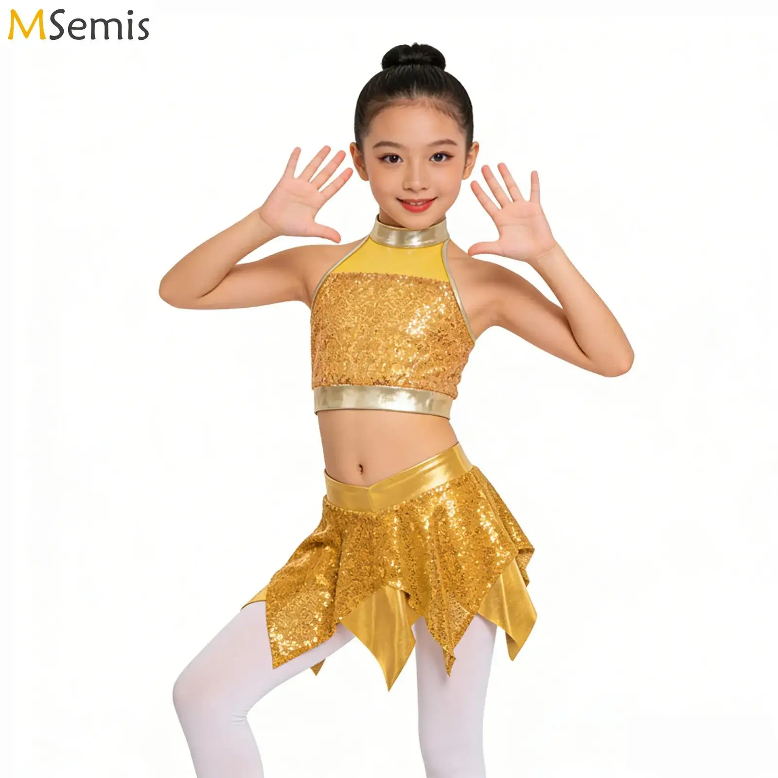 

Kids Girls Hip Hop Jazz Dance Performance Outfit Keyhole Back Sparkly Sequins Crop Top with Asymmetric Metallic Skirt Dancewear
