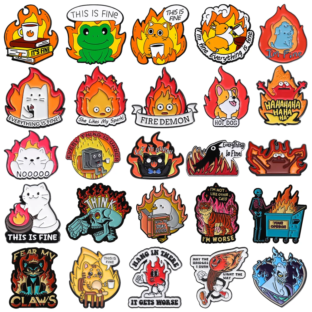 Broches muy bien, animales creativos, alfileres esmaltados de fuego, dibujos animados, gato, perro, cuervo, Skul, llama, insignias de Metal, regalo de joyería