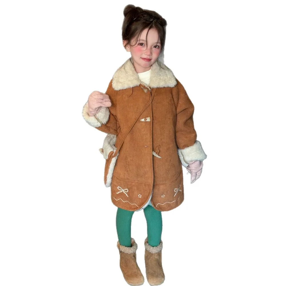 2026 Winter Girls Faux Shearling Coat Kids Suede Toggle Button Jacket Baby Girl Bow Embroidery Padded Outerwear 100-160cm
