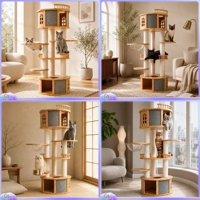 Solid Wood Cat Tree Tower Large Multi Level Scratching Post House Condo Furniture Pet Activity Center Durable Sisal Rope