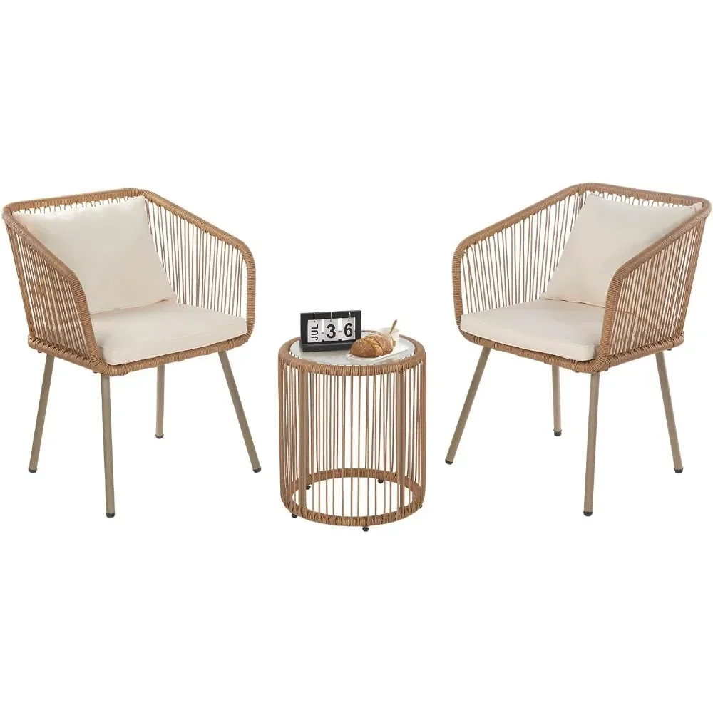 

Patio Rattan Conversation Set 3-Piece PE Rattan Bistro Furniture Set Patio Furniture Set Glass Coffee Table Top and 2 Chairs