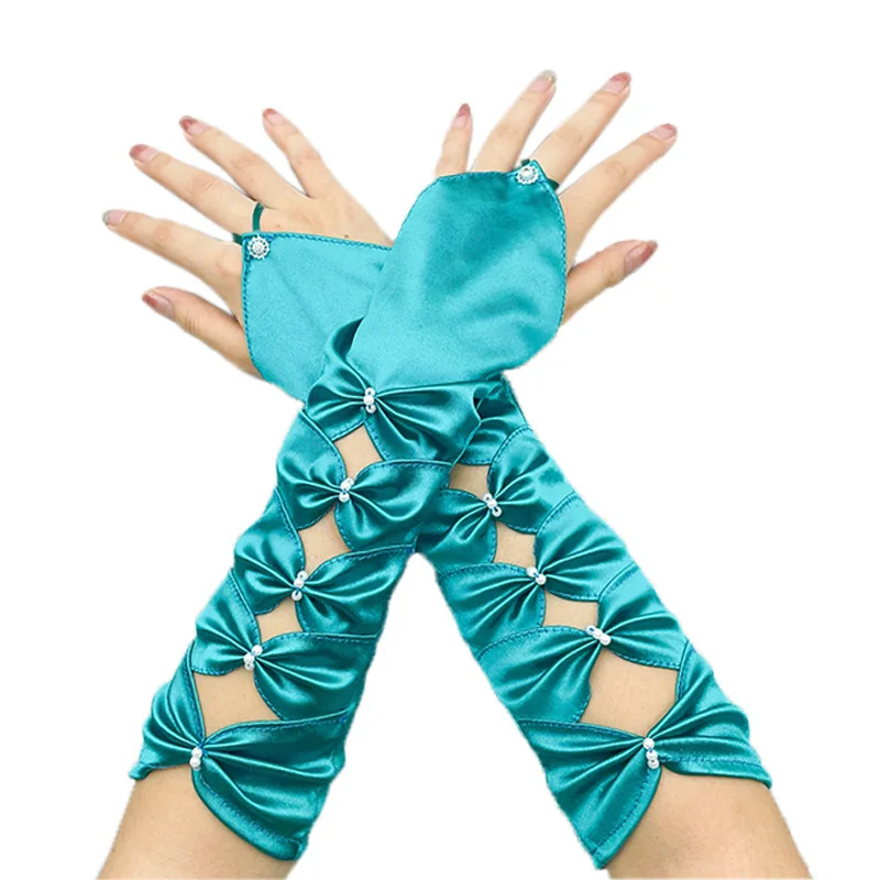 Wedding Bridal Gloves Long Elastic Satin Pleated Bowknot Elbow Teal Fingerless Gloves Evening Party Prom Fashion Girl Gloves