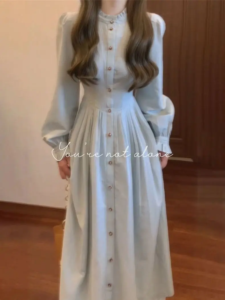 Korean Version Of College Style Round Neck Single-Breasted Long-Sleeved Shirt Dress Female Students Autumn Meat Vacation Dress