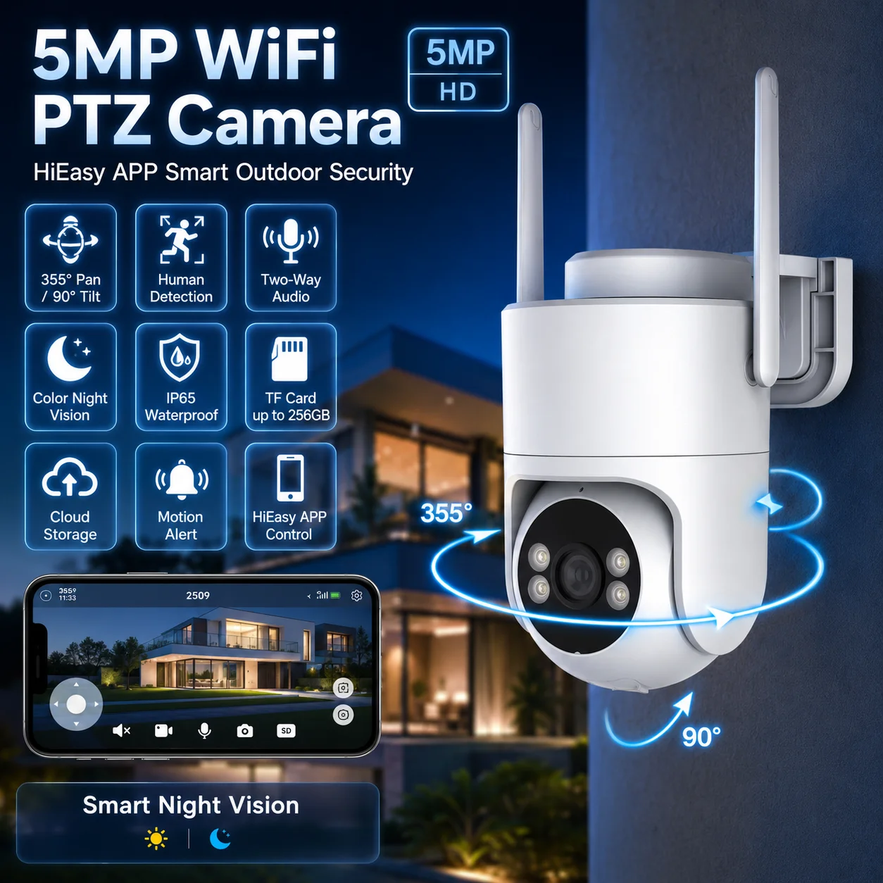 5MP WiFi PTZ Outdoor Security Camera Wireless CCTV AI Human Detection Auto Tracking Full Color Night Vision Camera Surveillance