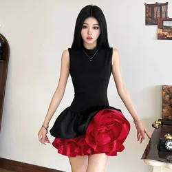 French Retro 3D Rose Birthday Dress Women's Sweet Round Neck Sleeveless Slim Waist Short Mini Dress Spicy Girl Floral Bud Dress