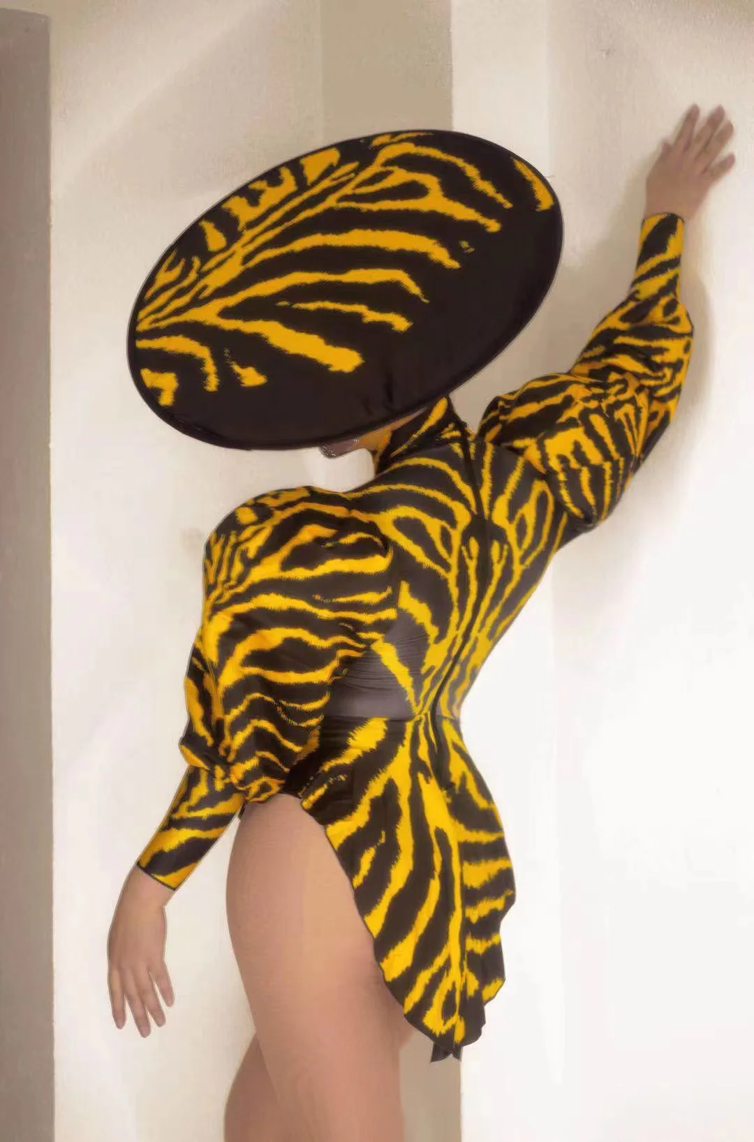 Zebra Pattern Tuxedo Bodysuit Cap Prom Party Bar Stage Dance Cosplay Club Outfit Women Dancer Singer Show Wear