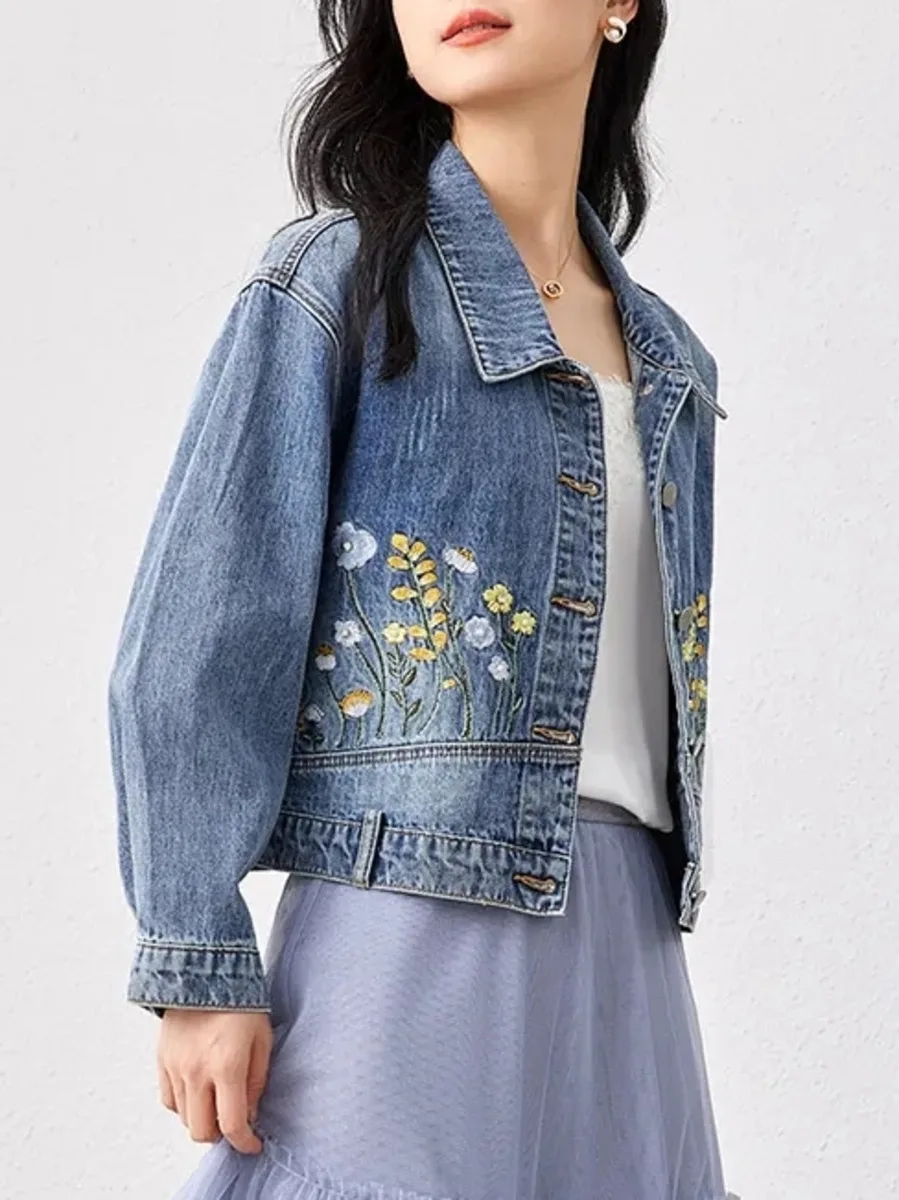 Floral Embroidered Denim Short Jacket Women Casual Denim Jacket Casual Spring Fashionable Cropped Jeans Coat Top Outerwear