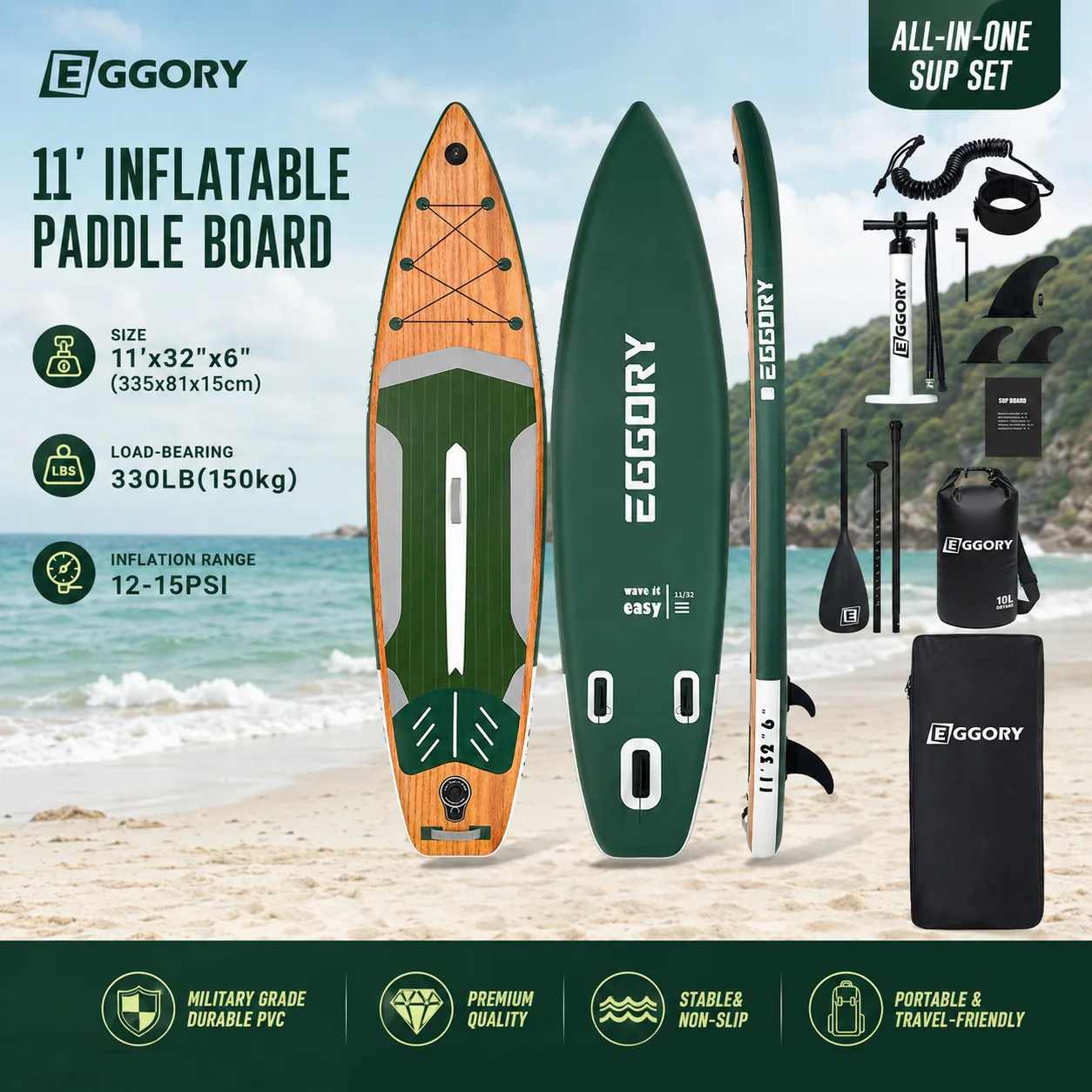Planche de paddle gonflable SUP Outdoor Water Station Board de 11 pieds, 335 * 81 * 15 cm, capacité de charge maximale 150 kg, facile à transporter, adaptée aux débutants, au yoga aquatique, à la pêche et aux sports nautiques à domicile, avec accessoires complets