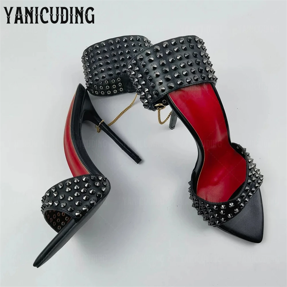 Punk Sexy Stiletto Sandals Belt Buckle Rivet High Heels Pointed Toe Stiletto Leather Summer Shoes Sexy Buckle Sandals Customized