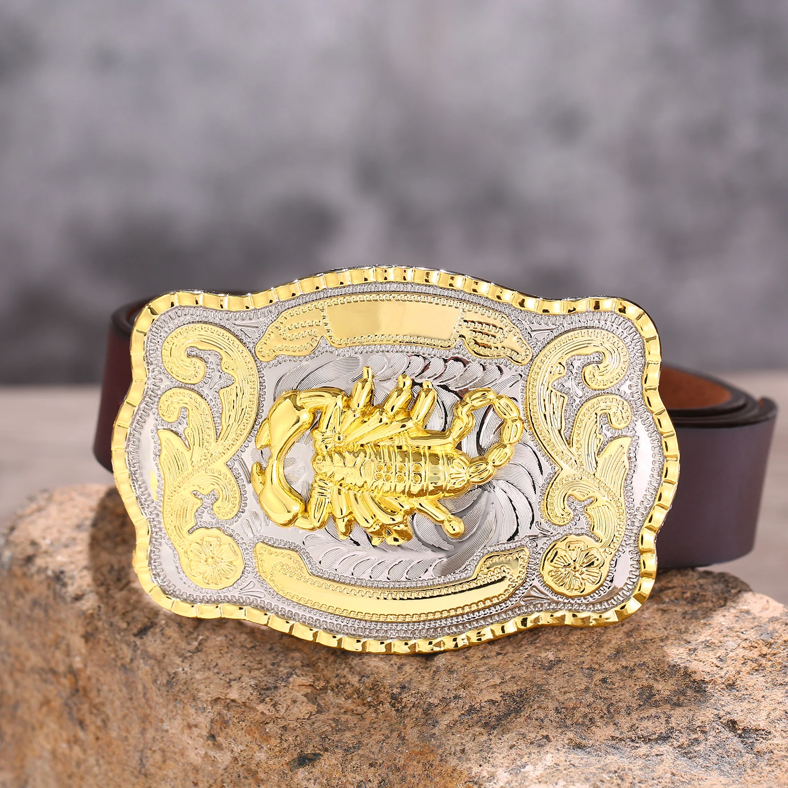 Western Denim Zinc Alloy Large Version Two Tone Scorpion Belt Buckle With Leather Belt Men's Leather Belt