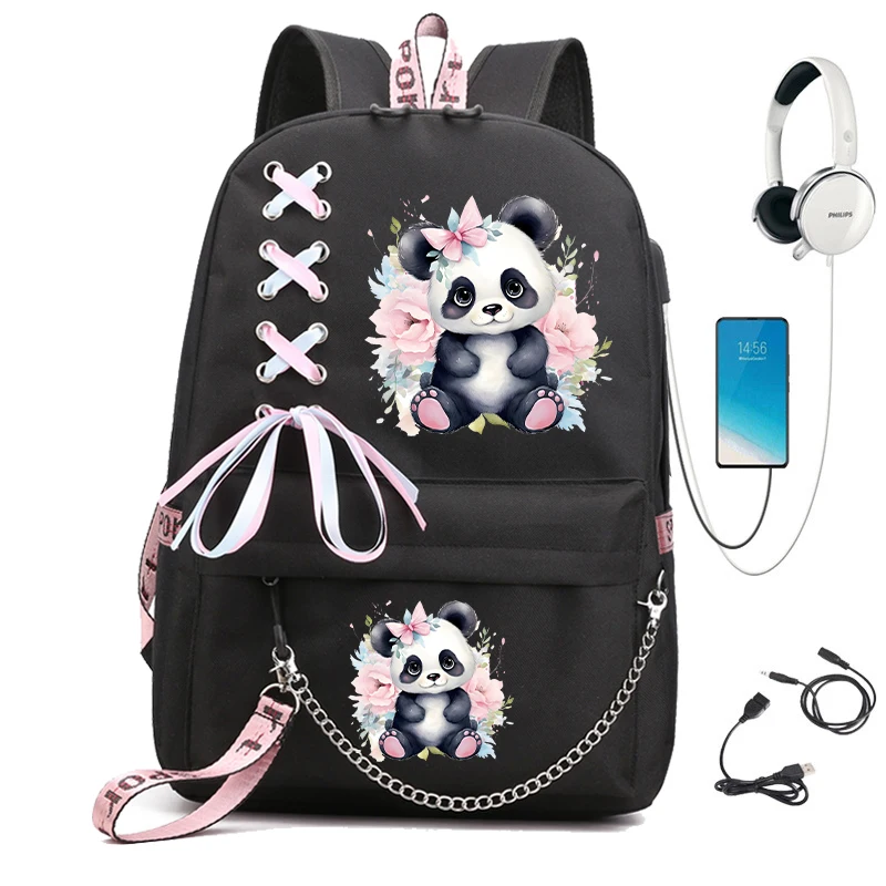 Floral Panda Print School Backpack Bag for Students Kawaii Cartoon School Bag Anime Students Usb Bookbag Animals Manga Bagpacks