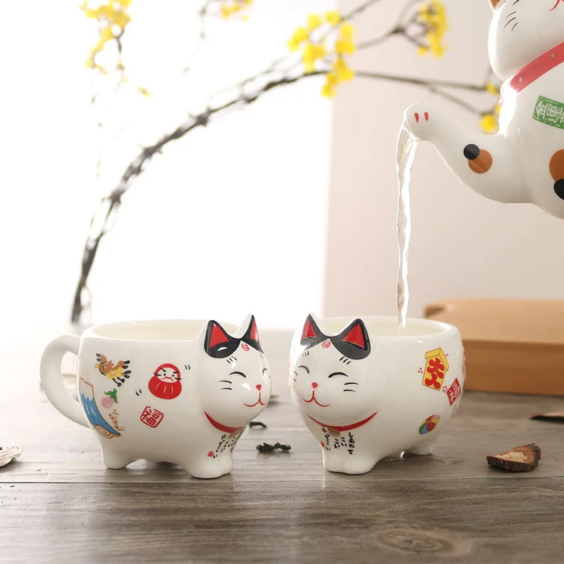 Cute Japanese Lucky Cat Porcelain Tea Set  Maneki Neko Ceramic  Cup Pot with Strainer Lovely Plutus  pot Mug