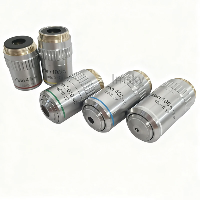Microscope Plan Achromatic Objective Lens 20.2 RMS Mounting Size 4X 10X 40X 100X Biological Metallurgical Microscope Objectives