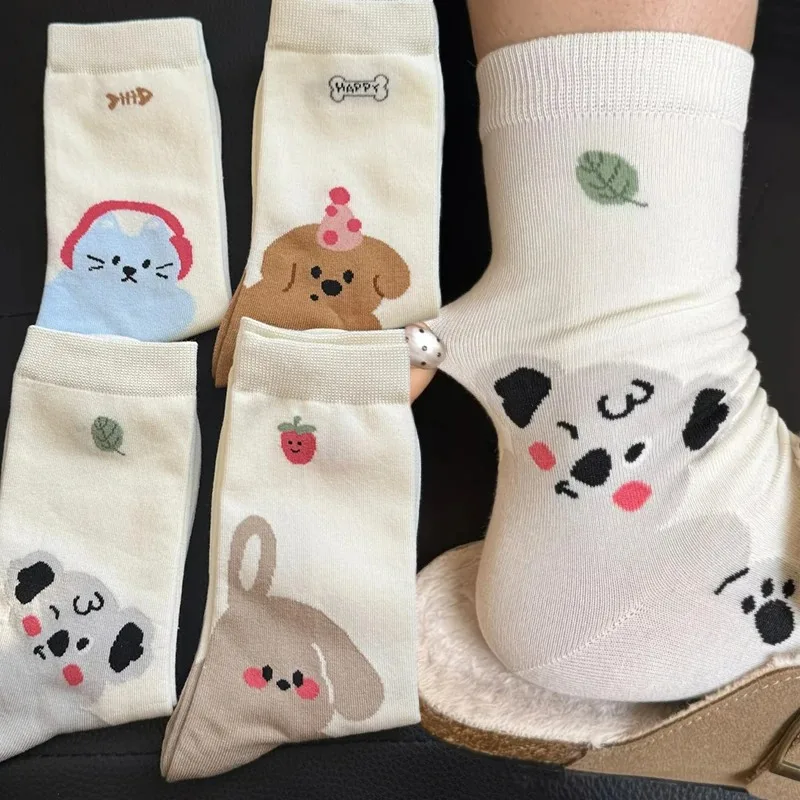 Japanese Cartoon Socks Women Cute Animal Mesh Mid Calf Socks Breathable Seamless Soft School Style Kawaii Puppy Sloth Cat Rabbit