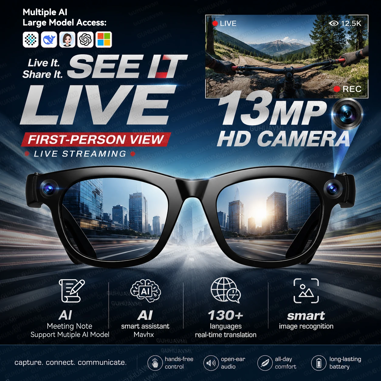 New Live Streaming Smart Glasses with 1300W Pixel HD Anti-shake Camera Video&Photo 130+Language Translation AI Chat Call Glasses