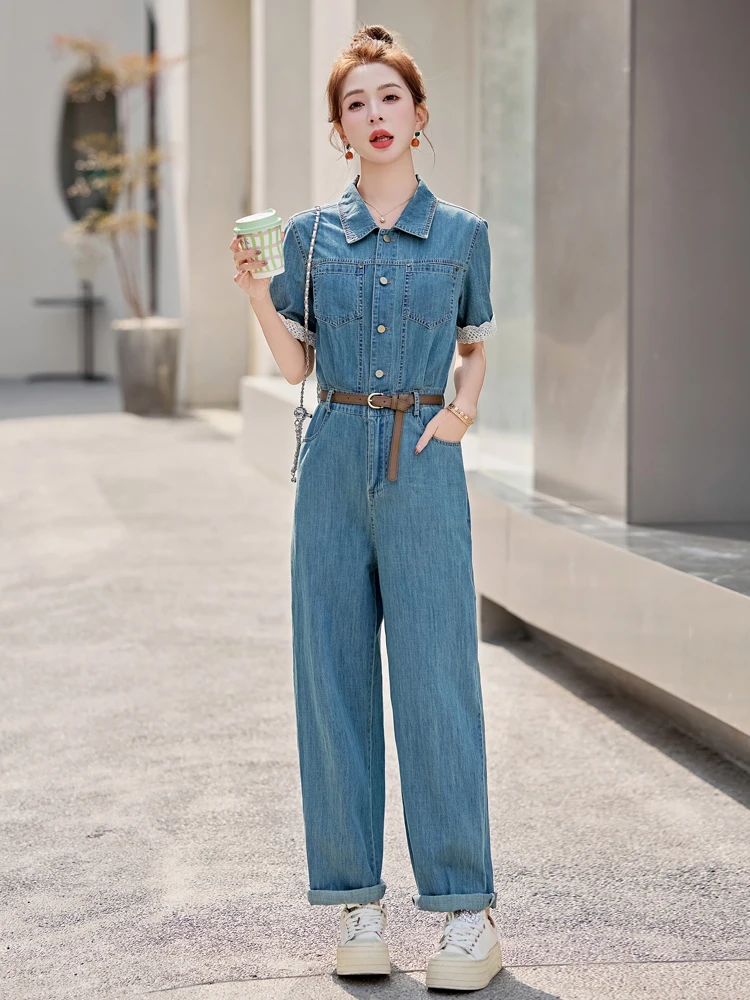 Faionable National Sle pantalones de una pieza para mujer verano 2025 nueva perla Denim seco mono con cuello de pierna ancha