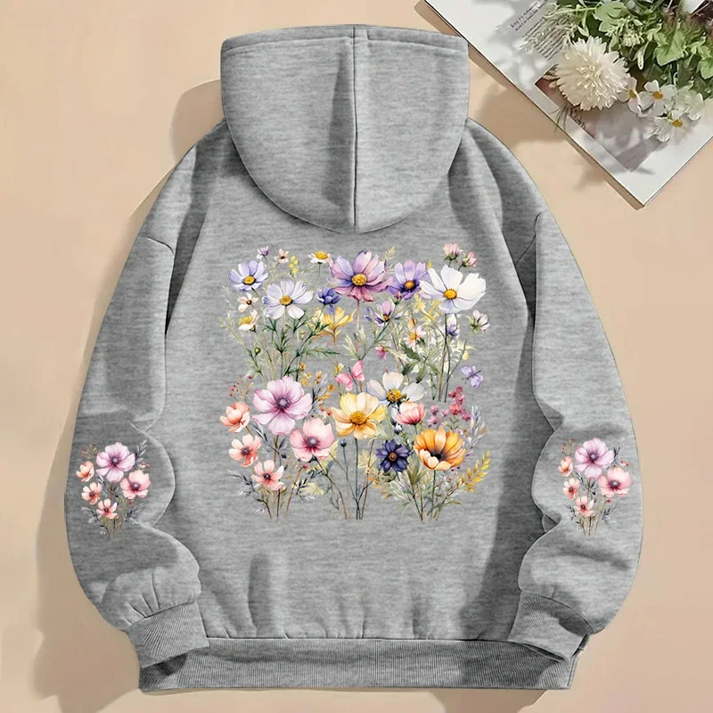 Boho Style Wild Flower Daisy Graphic Hoodie Women Long Sleeve Autumn Hooded Vintage Flower Trend Fashion Sweatshirts with Pocket