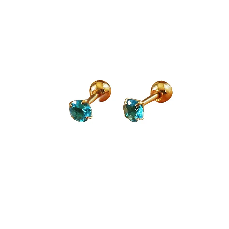 Titanium Gold-color Plated Screw Stud Earrings With Mini 4mm Ocean Blue AAA Zircon 316L Stainless Steel No Fade Allergy