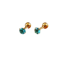 Titanium Gold-color Plated Screw Stud Earrings With Mini 4mm Ocean Blue AAA Zircon 316L Stainless Steel No Fade Allergy