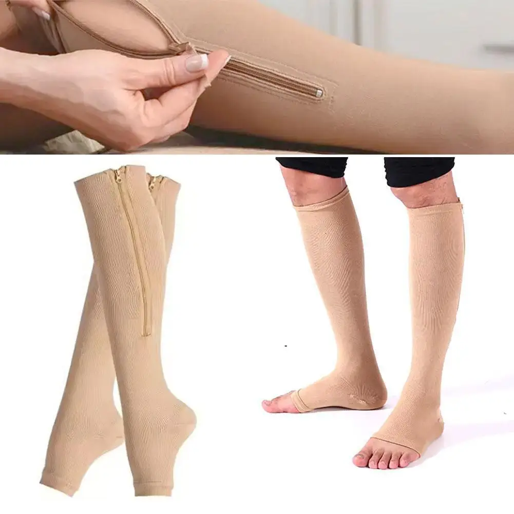 Compression Socks Men Women Leg-Support Knee Zipper Thin Open Toe Slim Sleeping Anti Fatigue Stretchy Sox High Socks Unisex