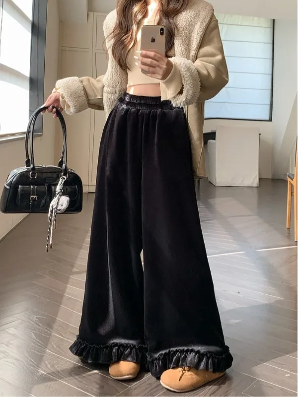 

Retro Fleece Lined Thick Velvet Casual Pants Women Summer New High Waist Wide Leg Floor Length Loose Drapey Long Trousers