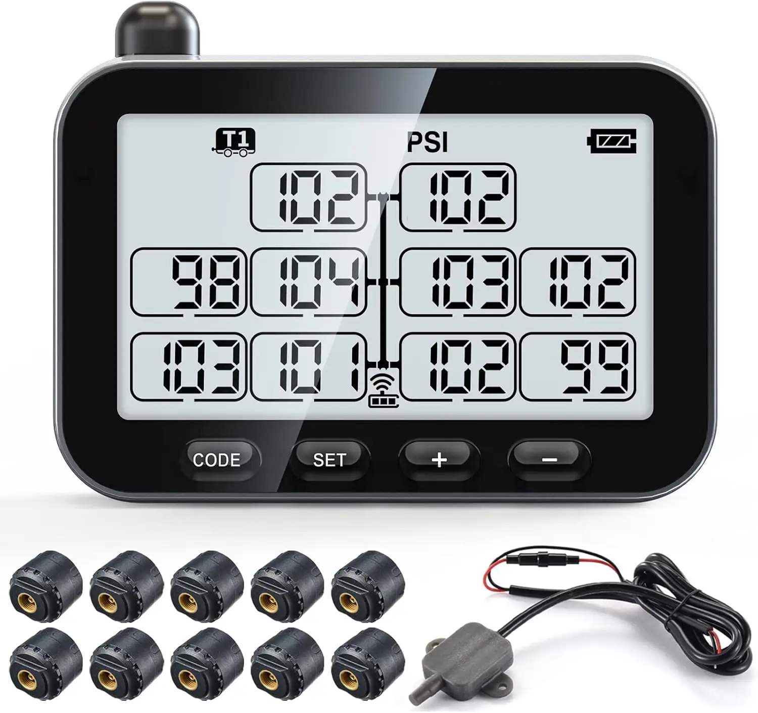 

Trailer Tire Pressure Monitoring System, Trailer TPMS with 10 Sensors, 6 Alert Modes, Signal Booster, Power Saving Display