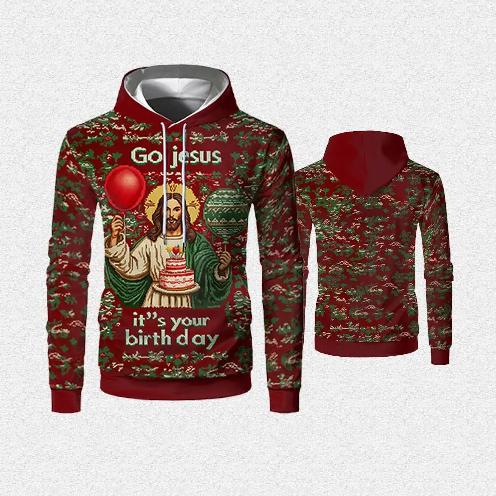Jesus 3D Print Christmas Hoodie Spring/Autumn Street Style Fashion Casual Pullover Men's Loose Plus Size Holiday Gift Top