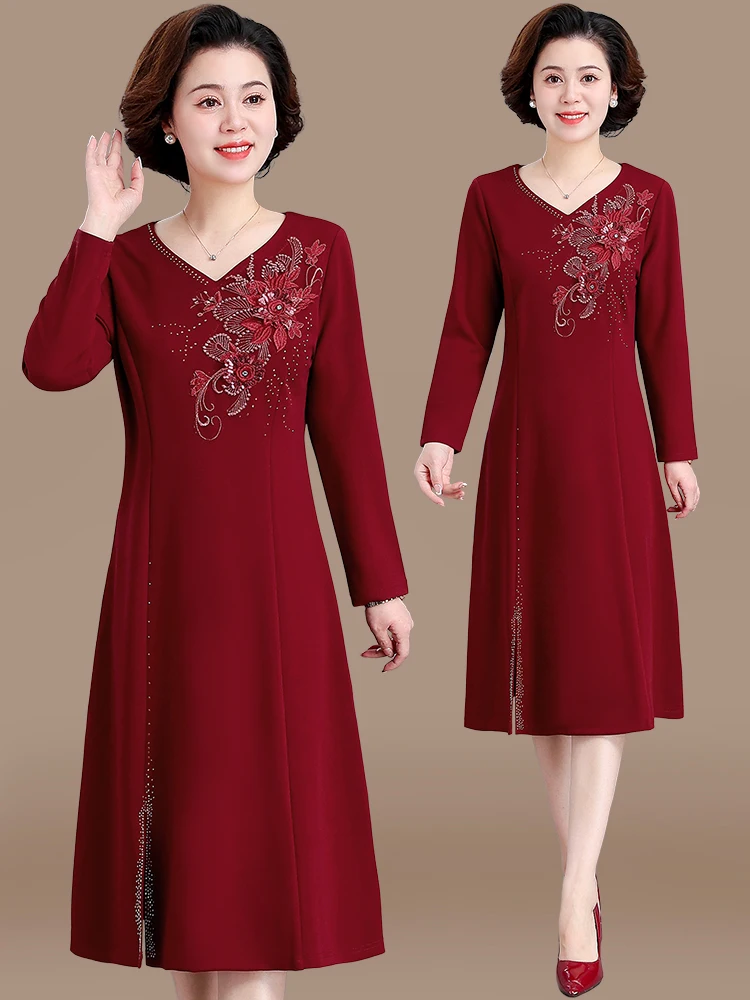 

Элегантная вышитая юбка миди из высококачественного полиэстера с V-образным вырезом для мамы на свадебную церемонию, весна-осень, модная