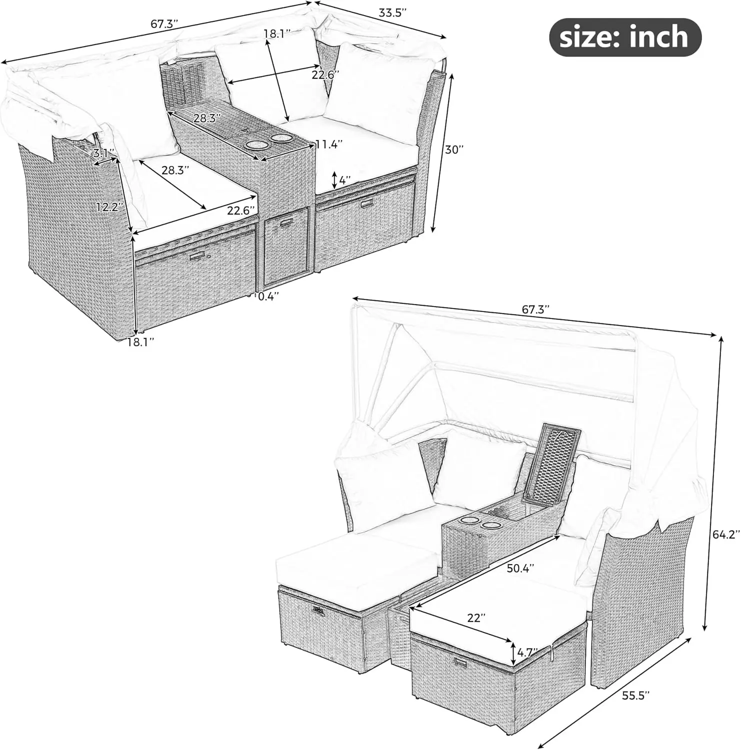 Chaise longue causeuse d'extérieur, lit de jour double avec auvent et coussins pliables, 2 places, avec modifications canales