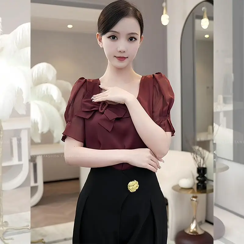 2024 New Summer Korean Edition Minimalist Fashion Elegant Chiffon Short Sleeve Square Neck Solid Color Bow Women\'s T-shirt Top