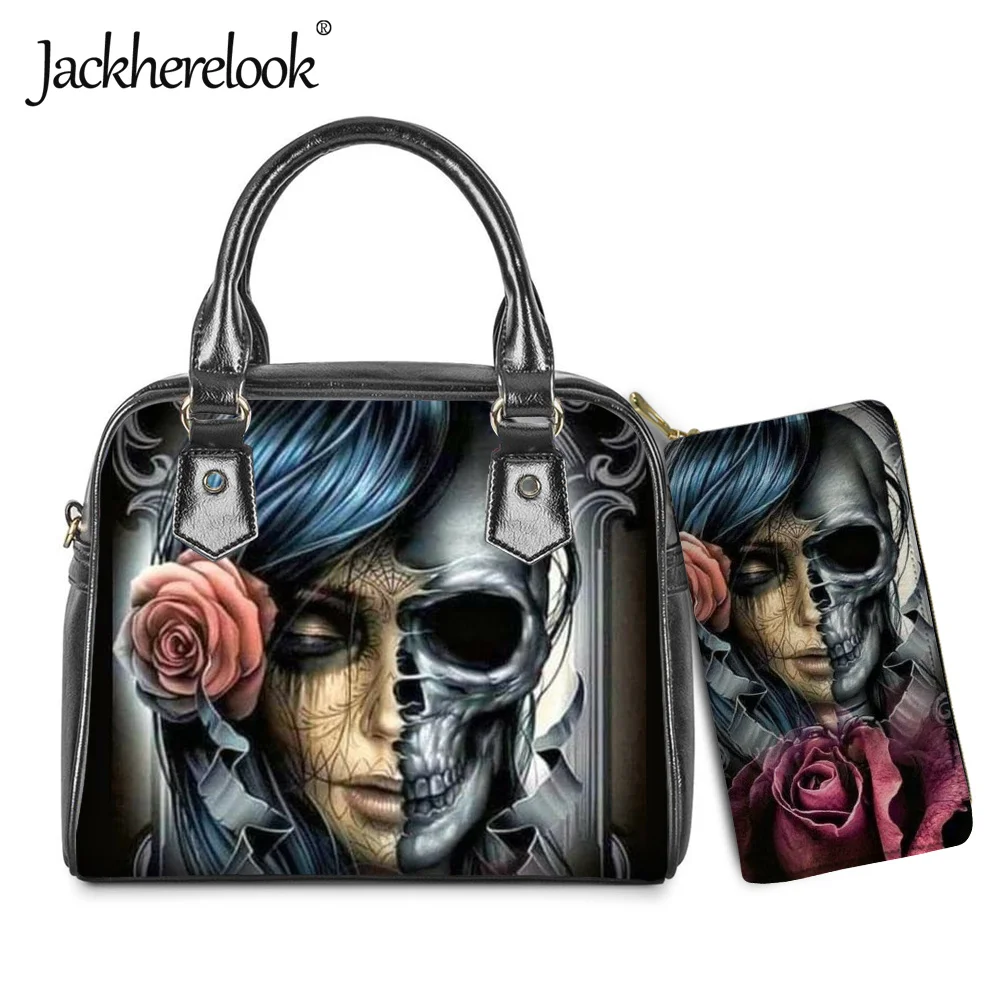 

Jackherelook Gothic Girl&Skull Luxury PU Leather Handbags for Women Cross Body Bags&Fashion Coin Purse 2Pcs/Set Bolsa Feminina